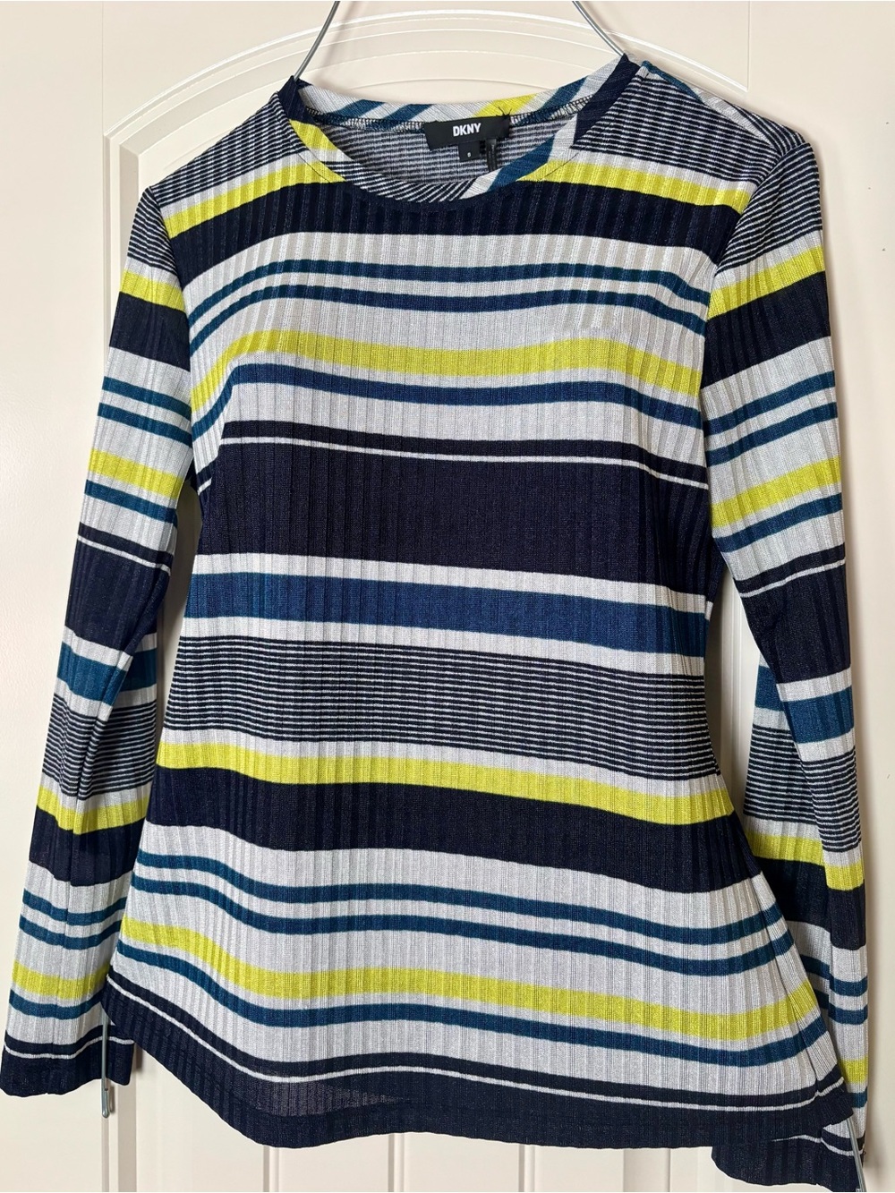 DKNY Striped Ribbed Crewneck Long Sleeve, Top Navy, White & Lime Accent. Size S